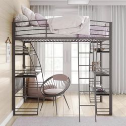 Twin Metal Loft Bed with Integrated Desk and Shelves, Silver