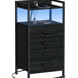 Furnulem Night Stand with Charging Station, Black Nightstand with Drawers and Led Light, Tall Dresser for Bedroom, Bedside Table with Fabric Storage B