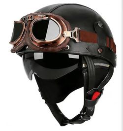 German Style Motorcycle Helmets, Retro Leather Half Helmet, DOT Approved Adult Men Women Vintage Half Face Helmet, with Goggles, for Moped Bike Cruise