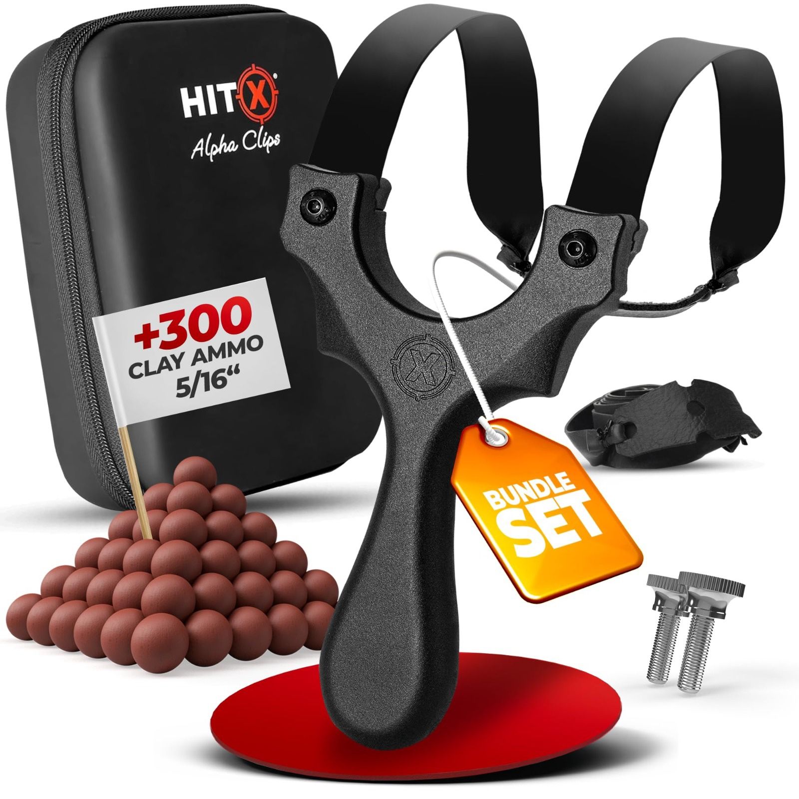 HITX Slingshot Set Alpha Clips | 300 Clay Ammo & 2 Band Set