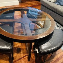 Solid Wood Glass Top Round Coffee Table with 4 Stools, Espresso