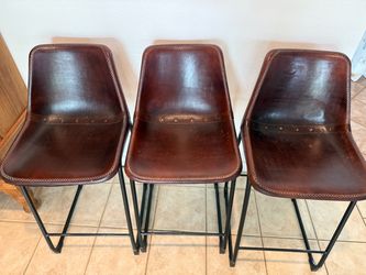 Set of 3 Leather Bar Stools with Metal Legs
