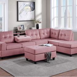 FREE DELIVERY**BEAUTIFUL PINK VELVET SECTIONAL SOFA WITH DROPDOWN CUPHOLDER AND OTTOMAN NEW (ORDER HERE WITH ZERO DOWN )
