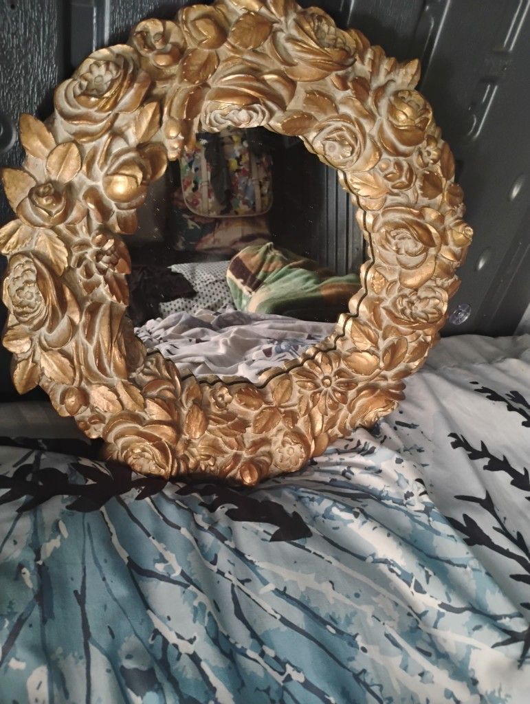 Gold Floral Rose Wreath Round Gilt Mirror 17"