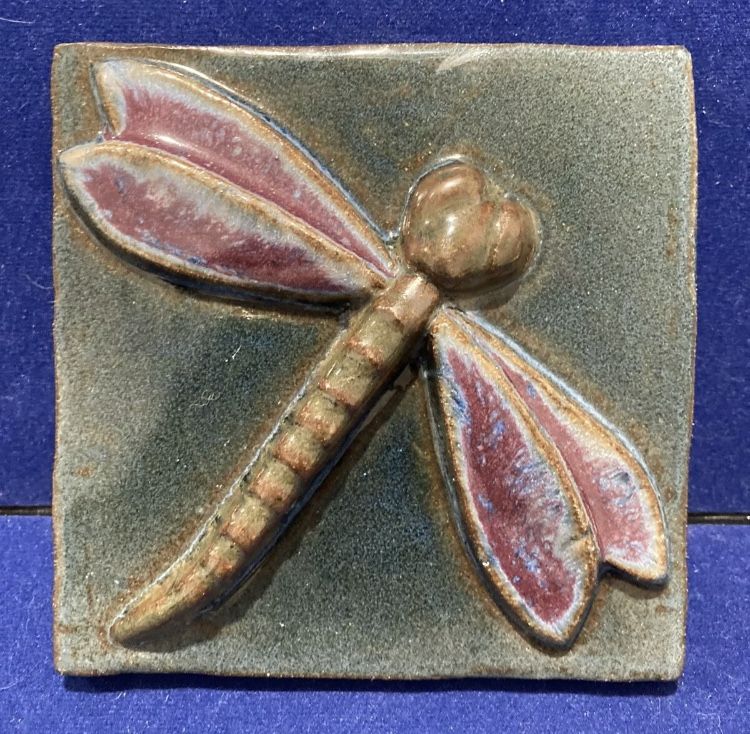 Handmade High Relief 4-1/4"x4-1/4" Ceramic Tile Dragonfly