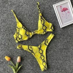 Riccardo Underwire Two-Piece Bikini, Yellow Snakeprint, Size Medium