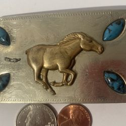 Vintage Belt Buckle Nickel Silver Horse Turquoise 
