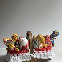 Vintage Fabric Patchwork Holiday Figures, Ornaments. Set of 8 with Matching Basket