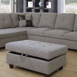 New Light Gray Tweed/linen Sectional Sofa W/ Free Ottoman And Pillows  New In Original Boxes