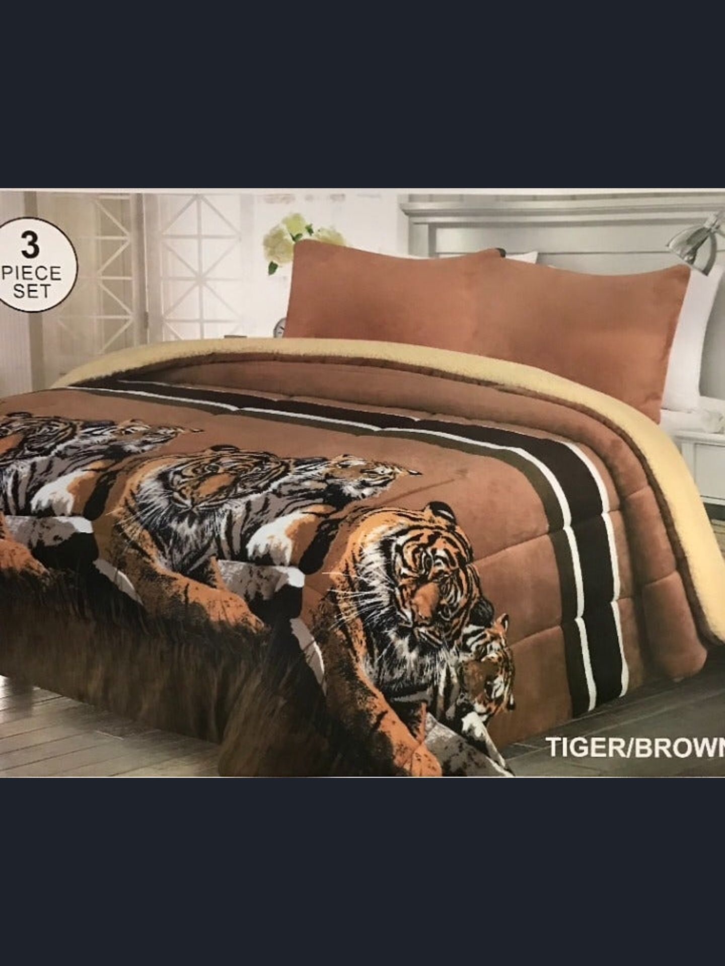 Brand New Modern Tiger Design Beige Super Soft Thick Warm Borrego Sherpa 3 Piece Bed Blanket Set King Size