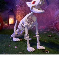 JOYIN Howling Wolf Skeletons Halloween Decorations 34” Skeleton Dog with Red LED Eyes, Auto-Chin Opening and Closing, Movable Posable Joints Animal Sk
