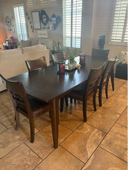 Hard wood  rectangle table adjustable 6 chair dark brown