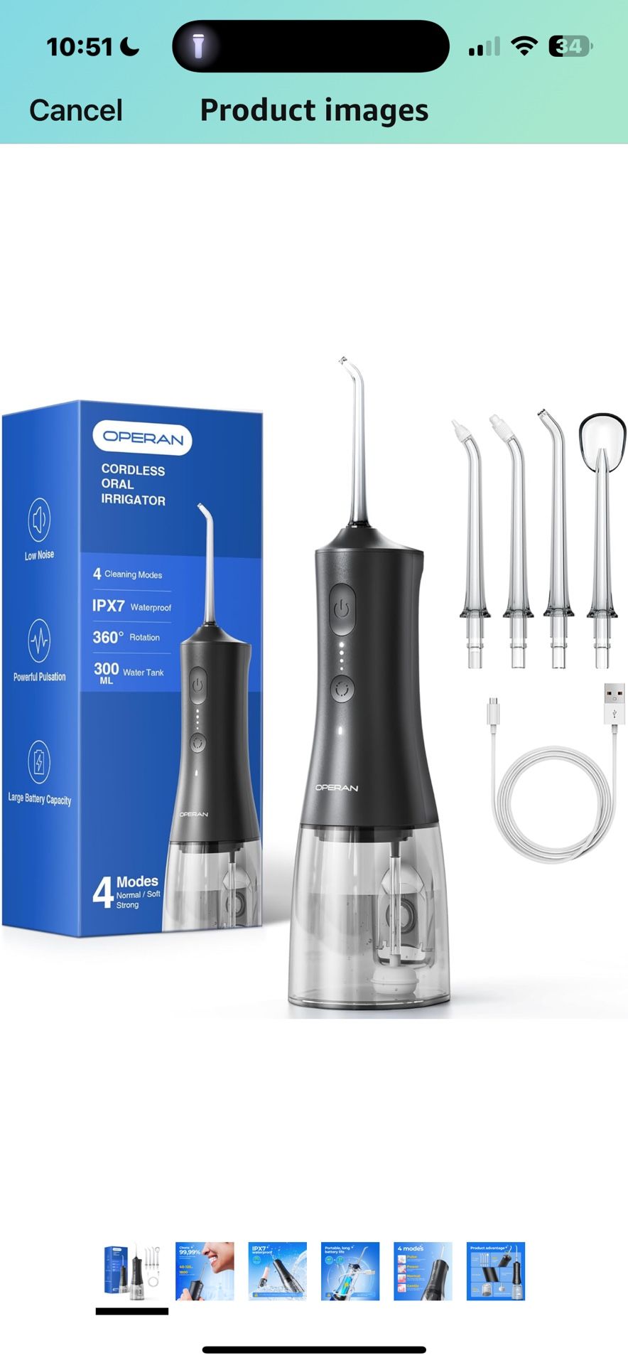 Operan Water Flosser for Teeth, 300ML Portable Dental Flosser with 4 Modes & 4 Nozzles, IPX7 Waterproof Rechargeable Oral Irrigator, Long Battery for 