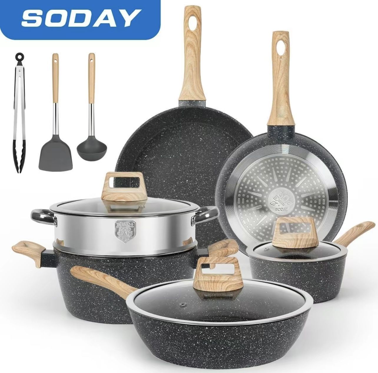 SODAY 12pcs Pots and Pans Set Non Stick Kitchen Cookware Sets Induction Cookware Nonstick Granite Cooking Set with Frying Pans, Saucepans, Steamer
