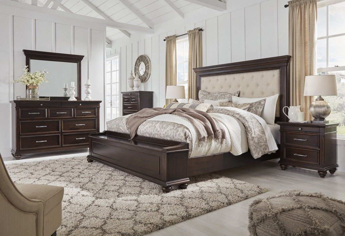 Brynhurst Dark Brown Upholstered Storage Bedroom Set🛏️4 Piece Price !!!(QB/D/M/N)💒