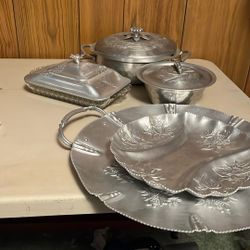 Vintage Hammered Aluminum Covered Dish & Trays