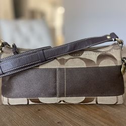 Coach brown Stripe Demi C Brown Small Purse Jacquard Baguette Shoulder bag 