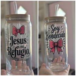 Christian 20oz Glass Cup w/ Bamboo Lid & Straw | “Jesús es mi Refugio” | Faith Gift | Handmade Aesthetic Tumbler | Mother’s Day Gift | Soy Bendecida C