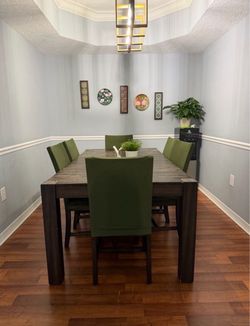 Dark Wood Dining Table with 6 Green Chairs