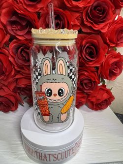 16oz Glass Cup With Decorated Lid