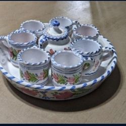 Vintage Mini Coffee Set And SugarBeautifully crafted and handpainted from Spain All handmade pottery pieces. It includes sugar pot style glass and 6 s