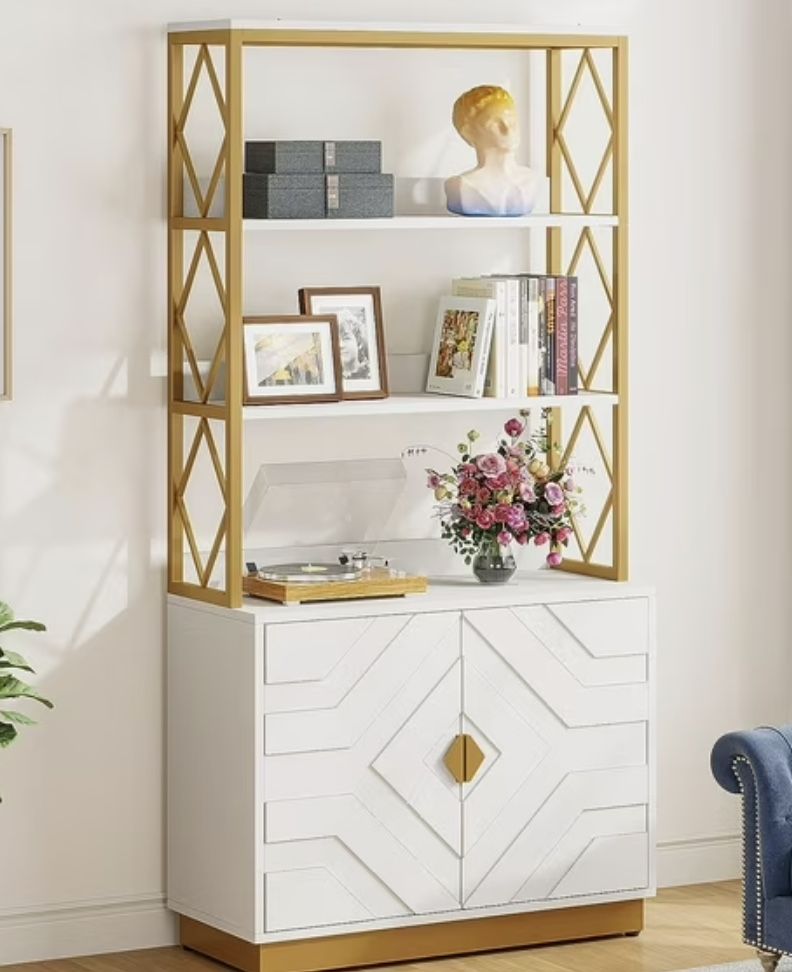Tribesigns Modern White & Gold Bookshelf β 71β Tall with Cabinets