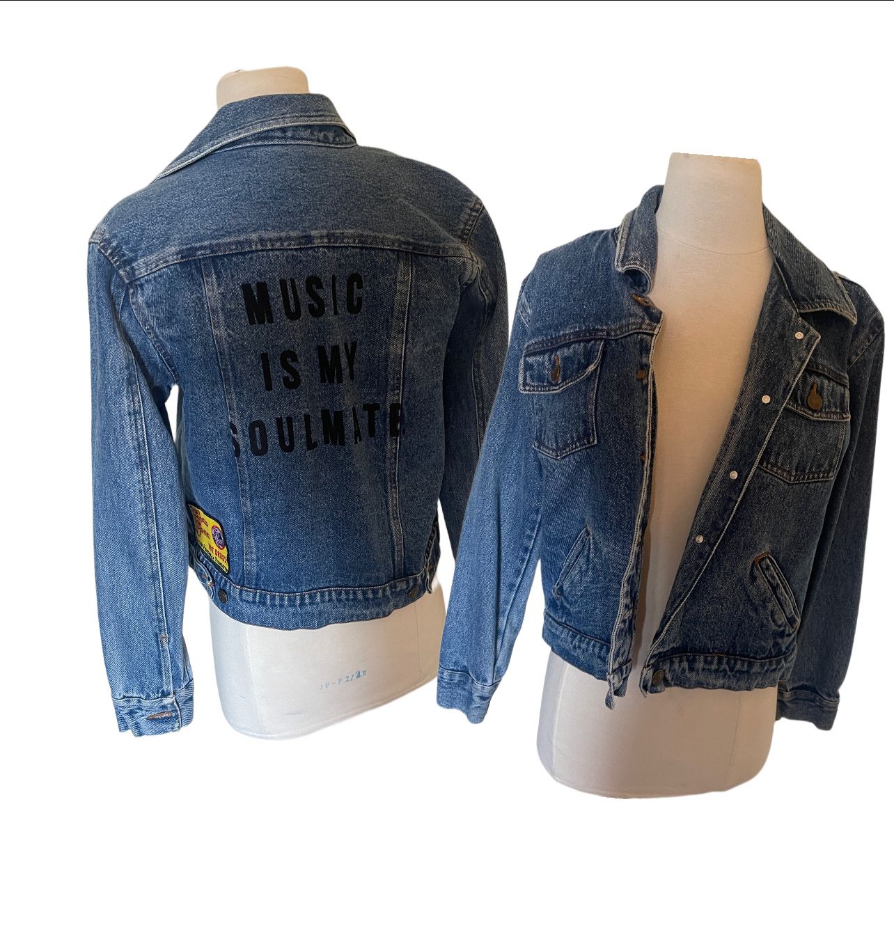 Custom vintage music is my soulmate 80s Jean denim jacket  Says size large. Feels like a small  Length 19” Arms 23” Pit to pit 18.5”