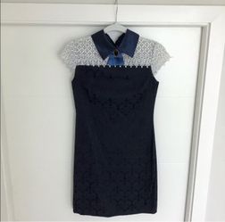 Navy Brocade Mini Dress with Lace Yoke