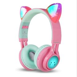 Cat Ear Bluetooth Headphones, LED Light Up Bluetooth Wireless Over Ear Headphones with Microphone and Volume Control for Travel/School/Smartphones/Lap