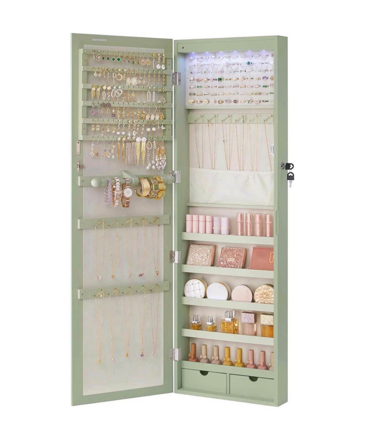 6 LEDs Mirror Jewelry Cabinet, 47.2-Inch Tall Lockable Wall or Door Mounted Jewelry Armoire Organizer with Mirror, 2 Drawers, Christmas Gi