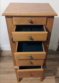 Standing Oak Wood Jewelry Armoire Cabinet with Flip-Top Vanity Mirror
