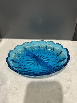 Vintage Anchor Hocking Blue Glass Fairfield Oval Divided Relish/Candy/Nut Dish
