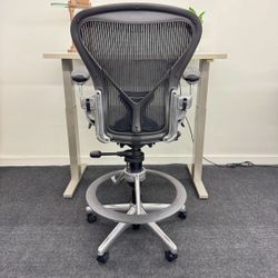 HERMAN MILLER CLASSIC AERON STOOL (BAR HEIGHT) FULLY LOADED WITH POSTURE FIT, POLISHED ALUMINUM FINISH 