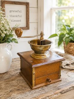 Vintage Cottagecore Rustic Wood Brass Coffee Grinder