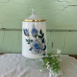 Vintage West Virginia Glass White Frosted Apothecary Jar Lid Pedestal Blue Rose