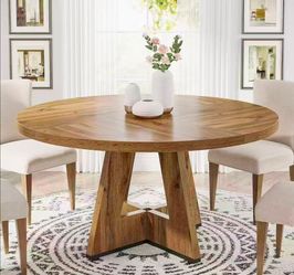 XK00546 Round Dining Table for 4, 47" Wood Kitchen Table Farmhouse Dinner Table No Chairs