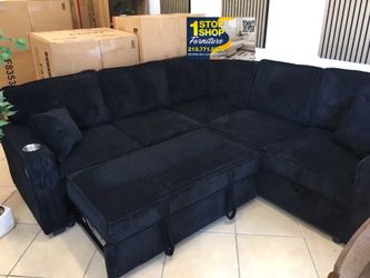 Stylish Black sectional sofa with pull-out bed & storage corduroy fabric