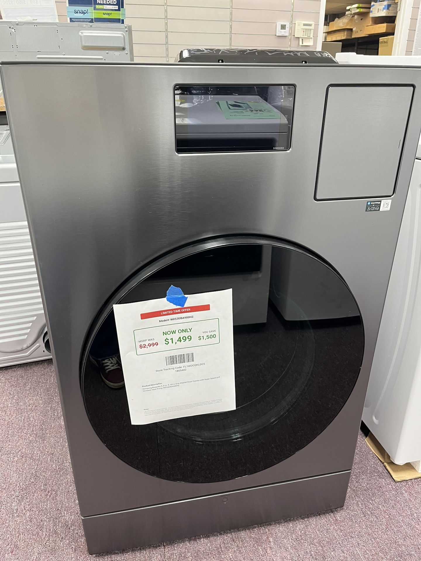 Samsung Bespoke 5.3 cu. ft. All-in-One Washer Dryer Combo with Super Speed a Ventless Heat Pump WD53DBA900HZ