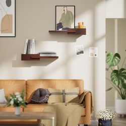 New 16in Floating Wall Shelves Set of 2 Dark Brown Wood Wall Mounted Storage