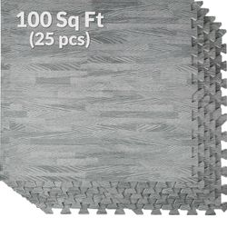 Home Aesthetics 100 Sq. Ft 3/8 Inch Thick Printed Foam Tiles Interlocking Foam Mat, Sea Haze Grey Wood Grain Style Print, (24"x24", 25 pcs), Protectiv
