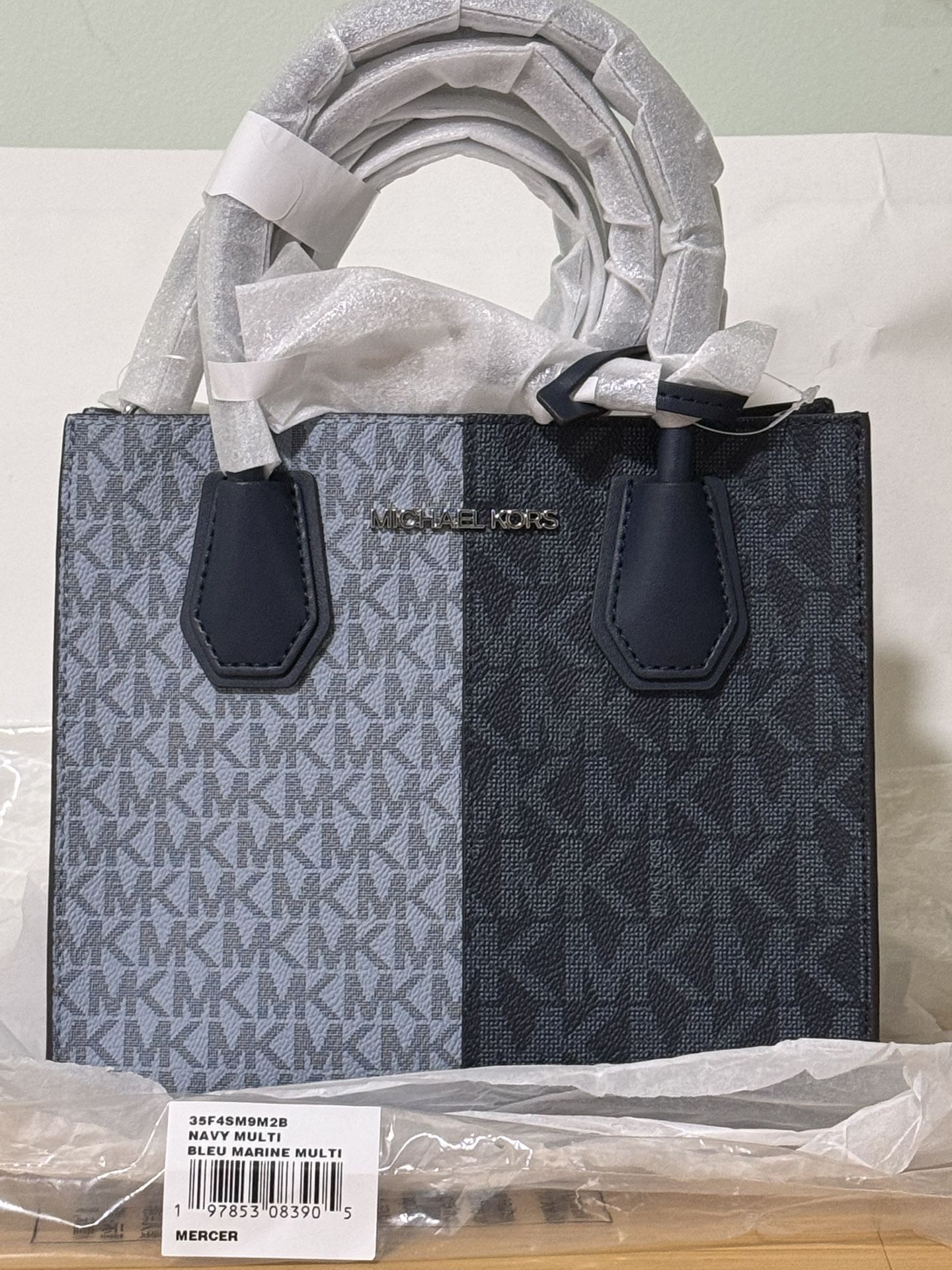 Michael Kors Women's Mercer Size Medium Color-Block Logo Crossbody Bag Navy & Blue With Michael Kors Logo Keychain Brand New Sealed