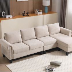 106" L-Shaped Convertible Sectional Sofa with Chaise Storage Snowflake Velvet Couch,Beige