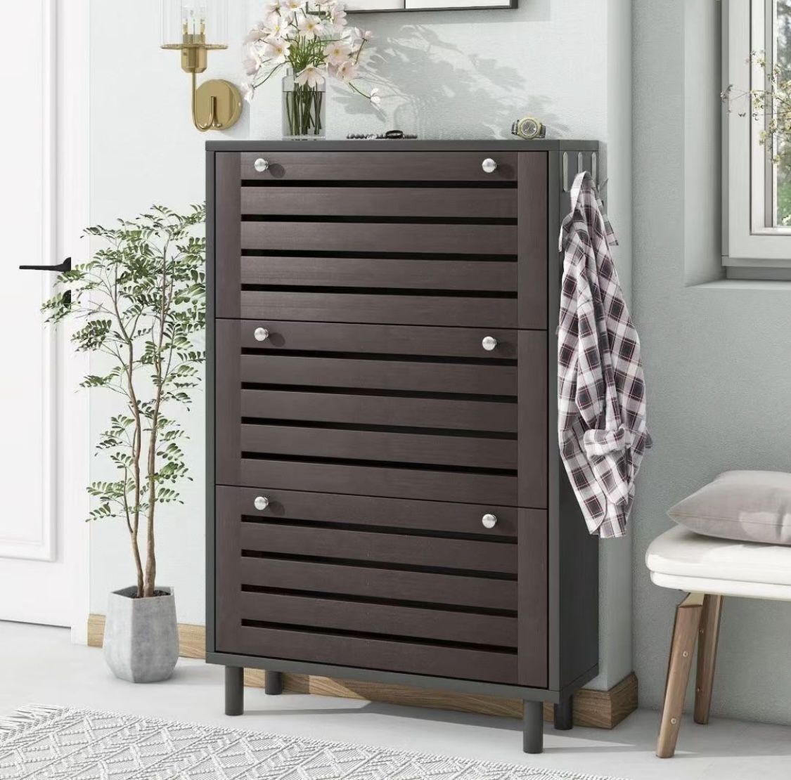 Slim Shoe Cabinet with 3 Flip Drawers for Entryway, Hidden Shoe Rack Organizer with Hanging Hooks and Adjustable Panel, Narrow Shoe Storage Cabinet fo