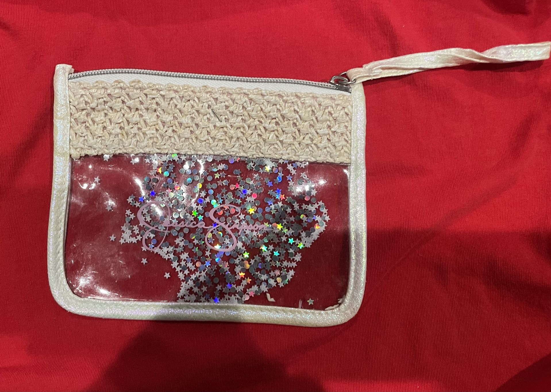Jessica Simpson Crocheted Wrislet Clear Glittery Make Up Bag Stars Rainbow Pink