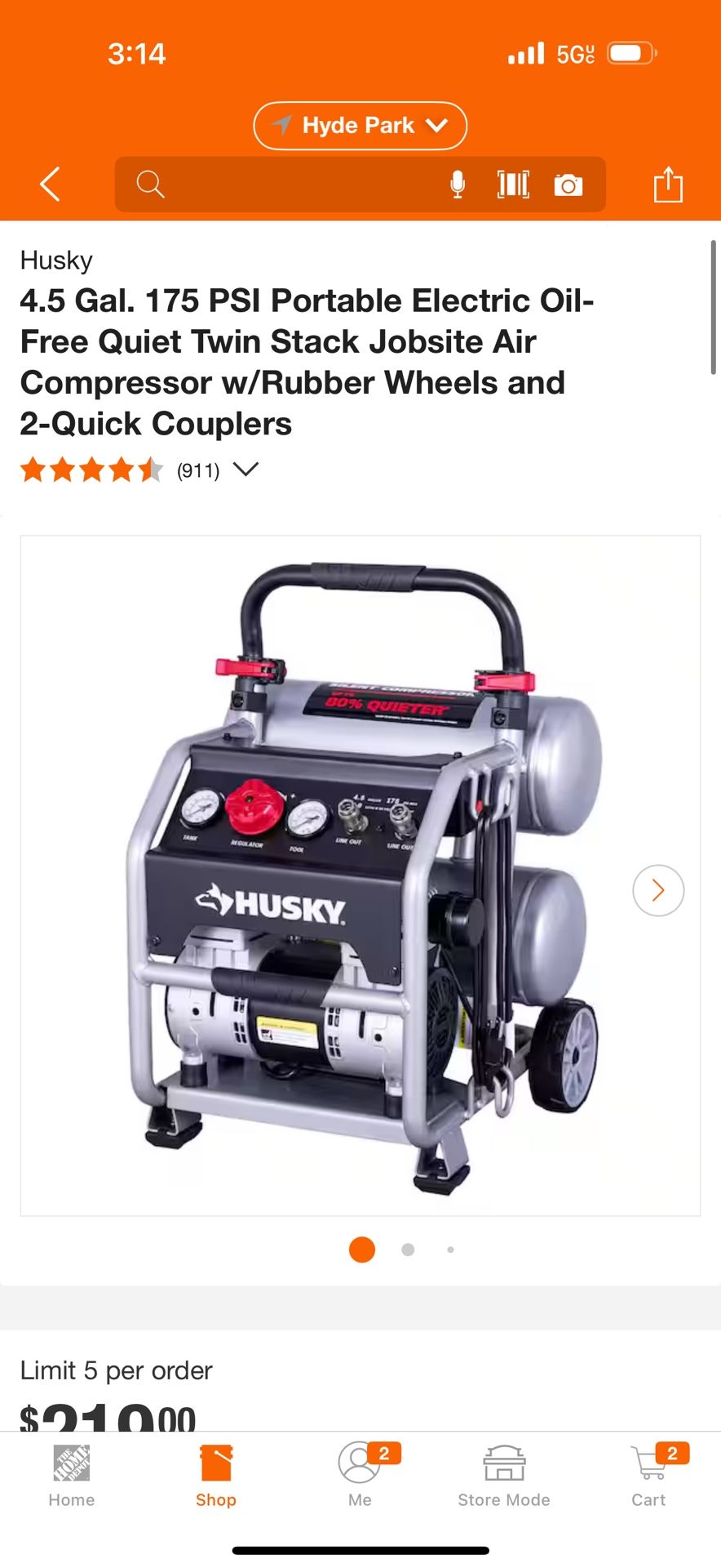 4.5 Gal. 175 PSI Portable Electric Oil-Free Quiet Twin Stack Jobsite Air Compressor w/Rubber Wheels and 2-Quick Couplers 1.5k