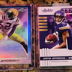 LOT- JUSTIN JEFFERSON /25 LEAF 2020 METAL BLUE + BONUS JERSEY RC FOOTBALL CARDS