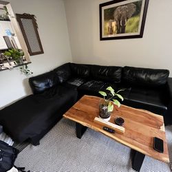 Black Faux Leather Sectional Sofa With Loveseat And Ottoman- Left Facing With 