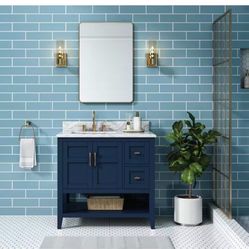 Sturgess 37 in. Single Sink Navy Blue Bath Vanity with White Carrara Marble Top (Assembled)