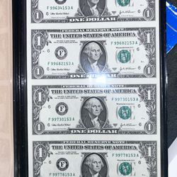Vintage 2003 U.S. Dollar Bills Uncut Sheet Four (4) Series A, with Folder 