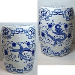 Vintage Chinoiserie Porcelain Drum Garden Stool/Side Table W/Dragon & Phoenix